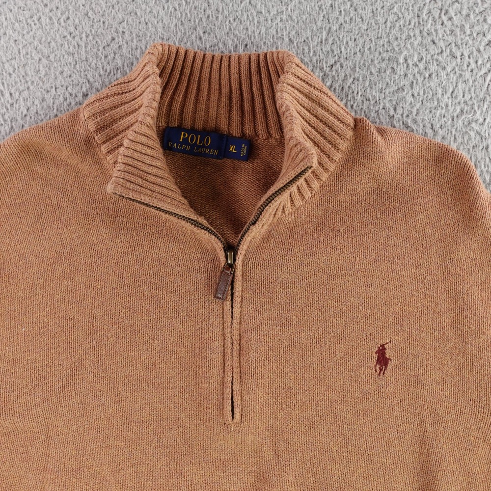 Polo Ralph Lauren Sweater Mens XL Brown Quarter Zip Cotton Mock Neck Pony Logo